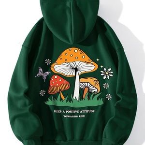 Mushroom Hoodie, Slogan Graphic Hoodie, Drawstring Hoodie